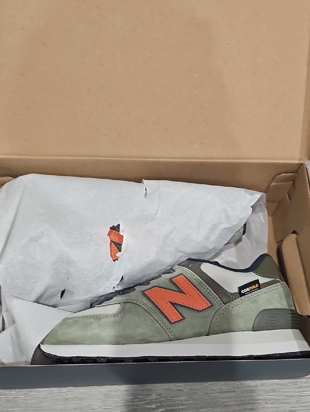 NWT New Balance Olive Green Sneaker with Orange 'N' Accent